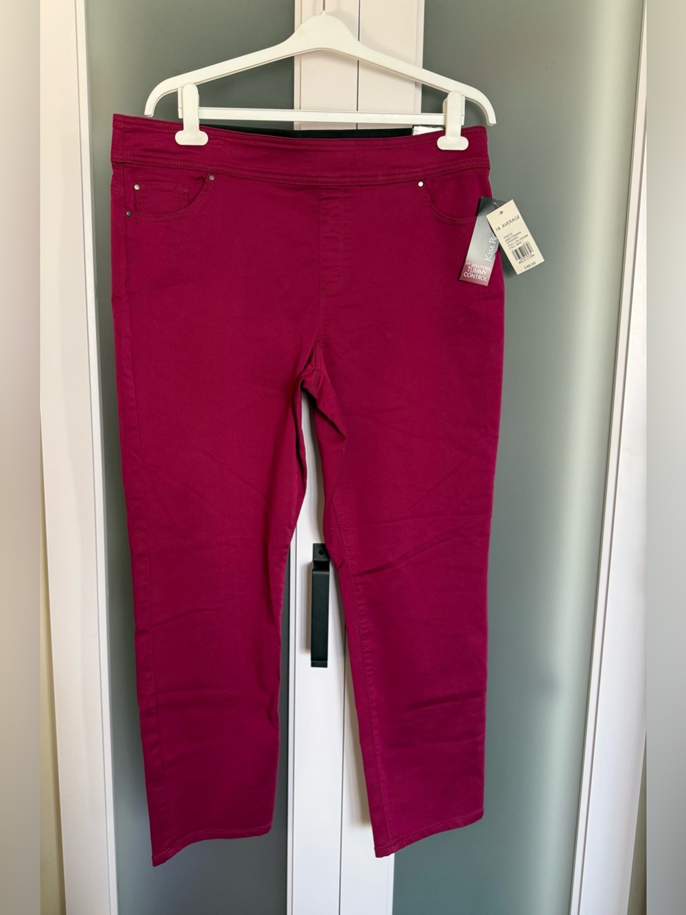 NWT Kim Rogers Straight-Leg Pull-On Tummy Control Pants in Magenta